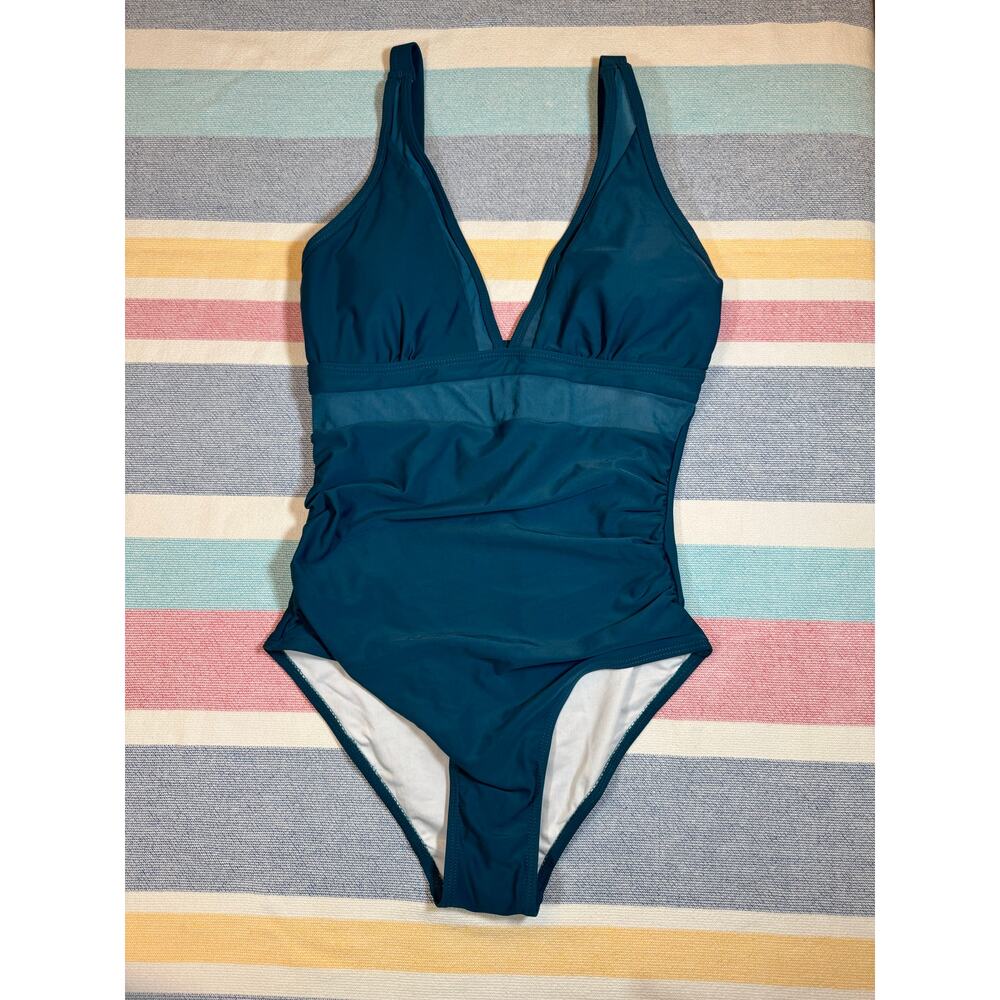 NWOT Teal Mesh Panel One-Piece Swimsuit | V-Neck | Adjustable Straps | Sz Small